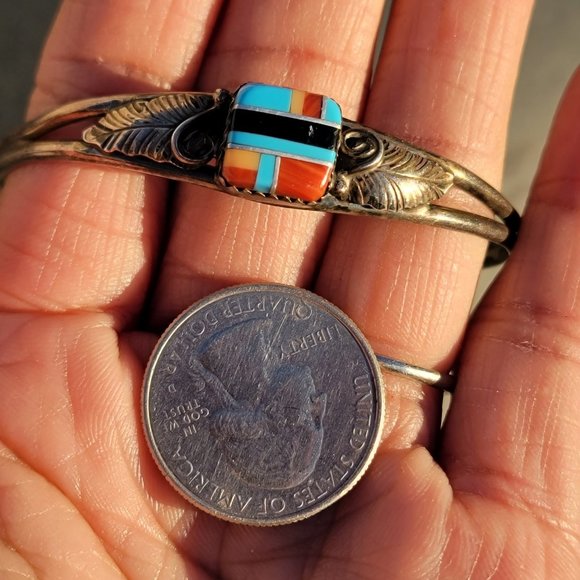 Native American 925 sterling silver square inlay squash blossom vintage bracelet - Picture 5 of 15